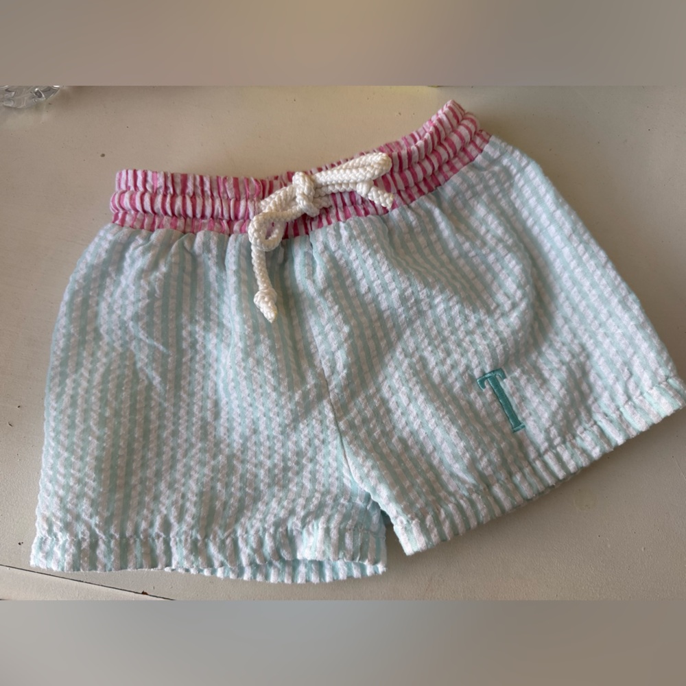 Cecil and Lou Seersucker "T" monogrammed swimshorts